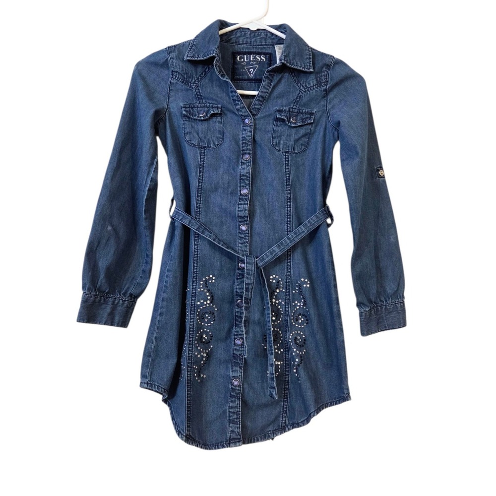 Guess Denim Dress Y2K Pearl Buttons Tie Rhinestones Bedazzle Girls Size‎ 10 / 12